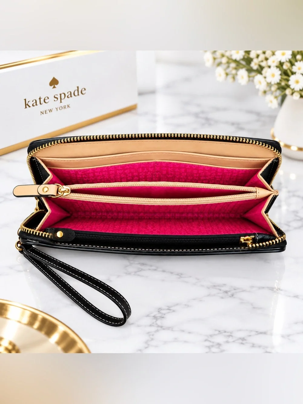 Kate Spade New York Black Pebble Grade Leather Wristlet Zippy Wallet